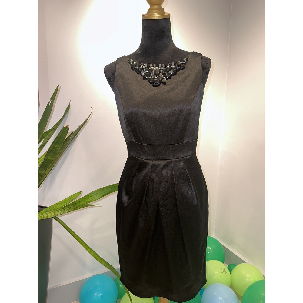 Manoukian Black Dress S Small Pleated Beaded Sequin Midi